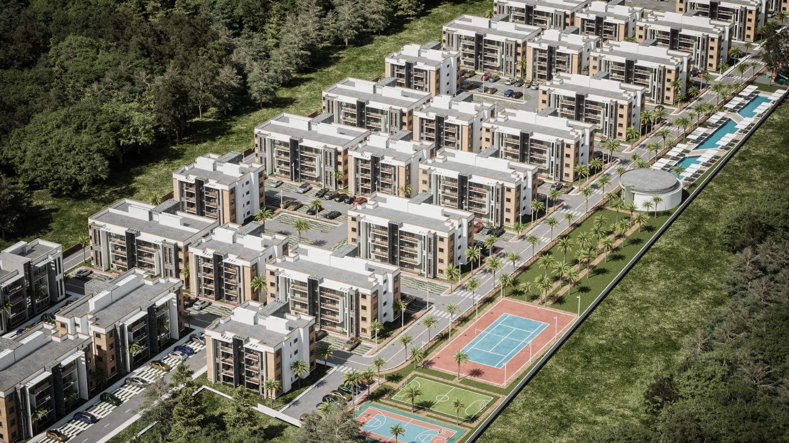 Vista aérea de Residencial Atlantic Blue con la cancha de tenis